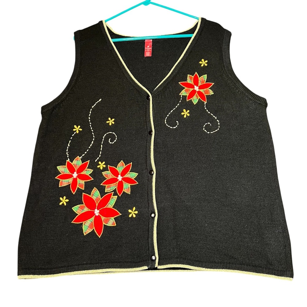 Vintage Christmas Poinsettia Sweater Vest Womens XXL Knit Holiday Party Top